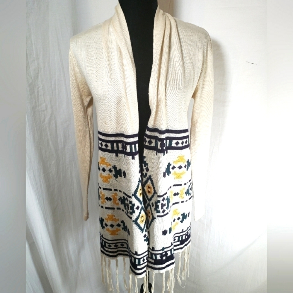 Altar"d State Ivory Aztec Print Long Sleeve Cardigan Sweater with Fringes Sz S